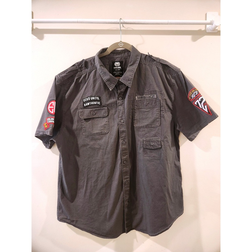 VTG Ecko Unltd Gray Patched Mens 2XL Short Sleeve‎ Button Up Work Shirt